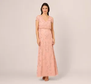 Beaded Blouson Mermaid Gown With Sheer Short Sleeves In Coral Coast