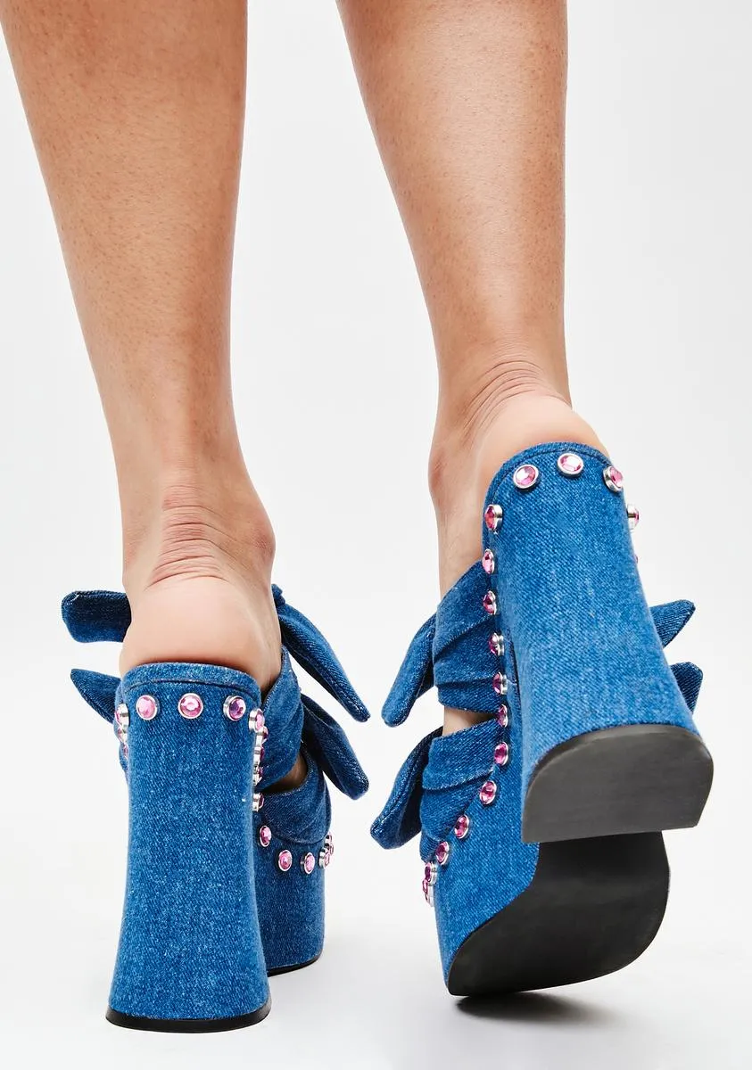 Denim Strike A Pose Bow Mule Heels