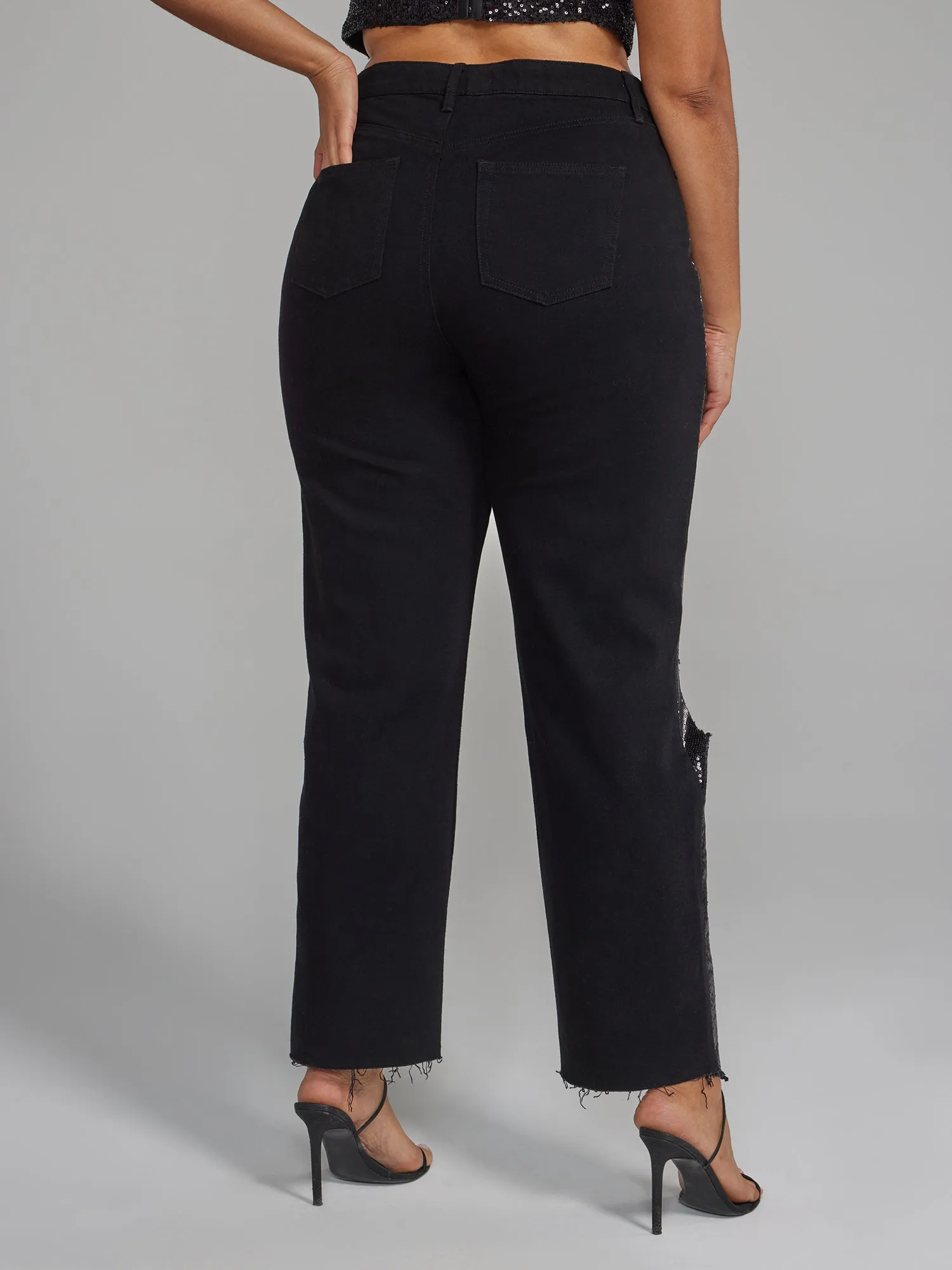 Fashion To Figure - Distressed Straight Leg Jeans with Sequin Details