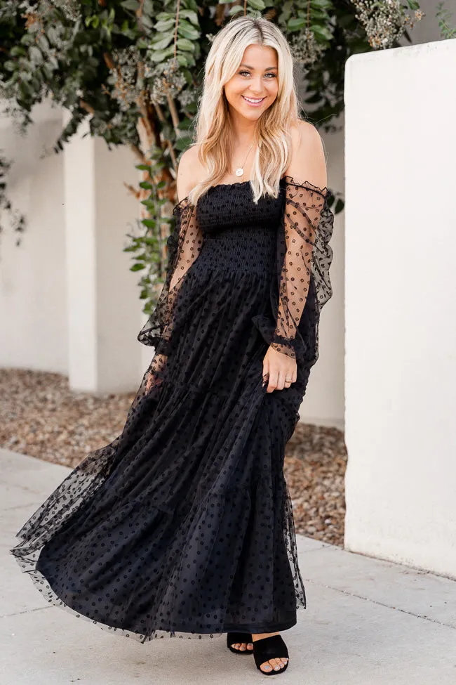 Figuring It Out Black Off The Shoulder Daisy Mesh Tiered Maxi Dress FINAL SALE