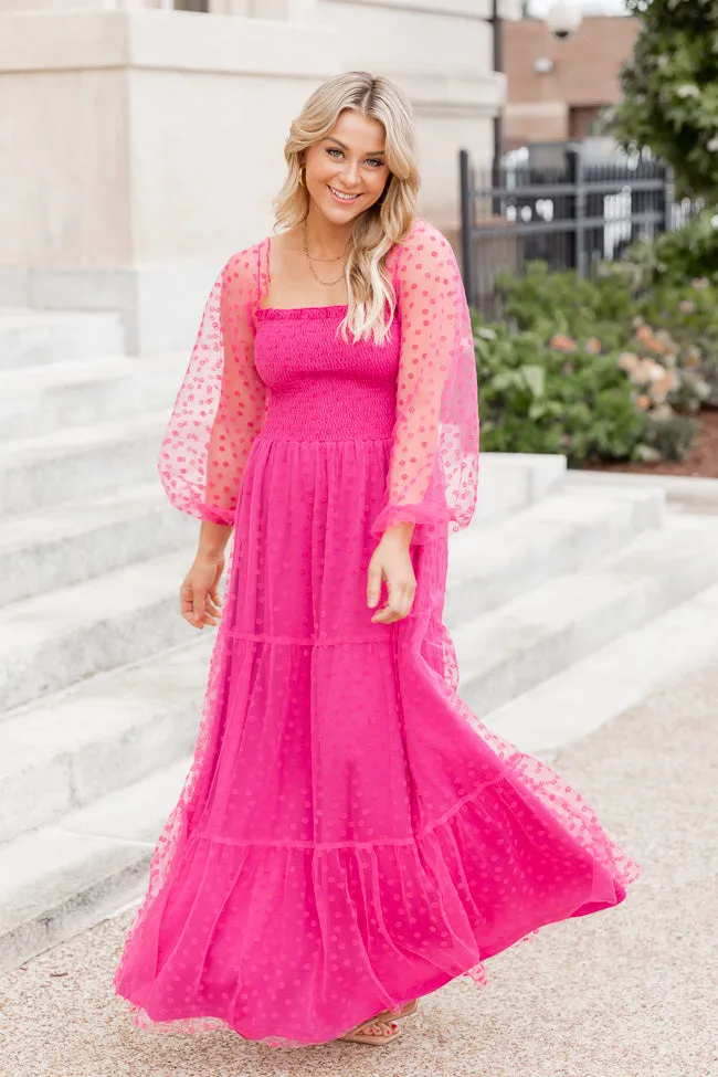 Figuring It Out Hot Pink Off The Shoulder Daisy Mesh Tiered Maxi Dress FINAL SALE