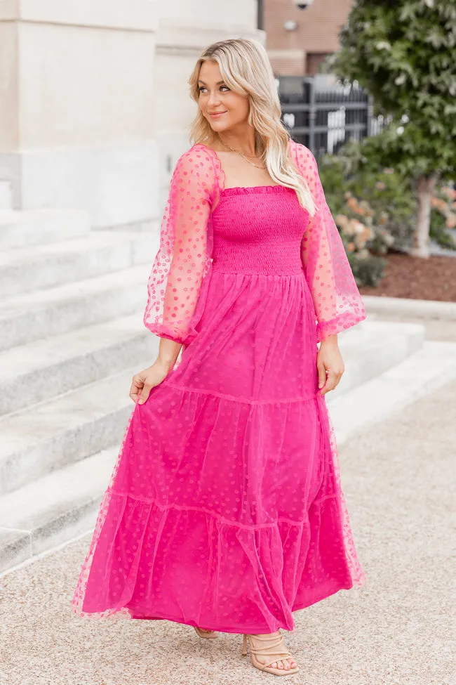 Figuring It Out Hot Pink Off The Shoulder Daisy Mesh Tiered Maxi Dress FINAL SALE