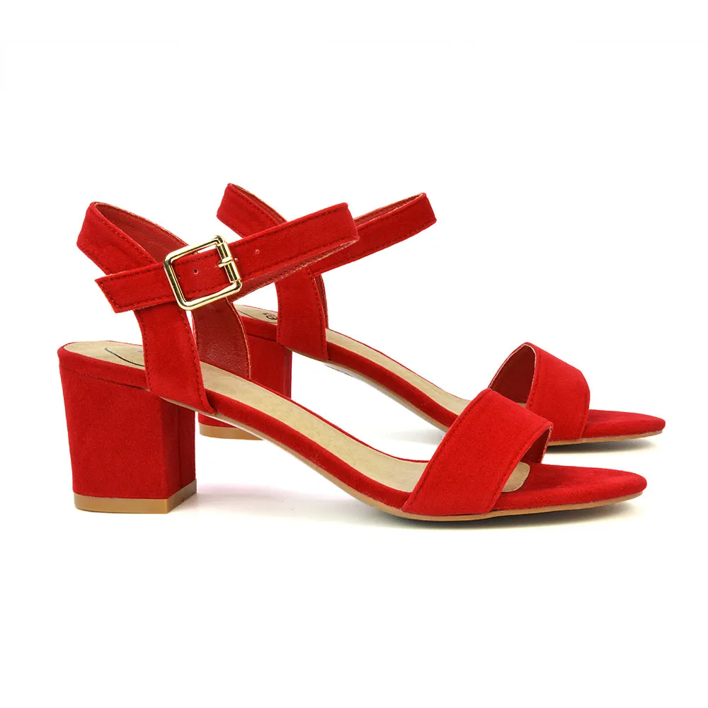 Mariana Strappy Buckle Up Mid Block Heel Sandals in Black Faux Suede