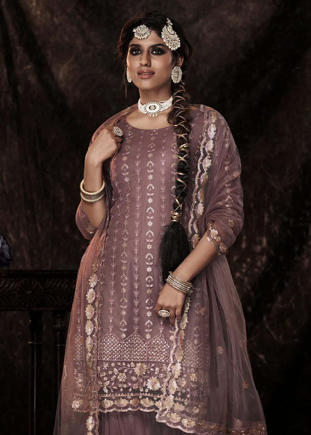 Plum Purple Designer Soft Net Sharara Suit with Sequin work By Qivii