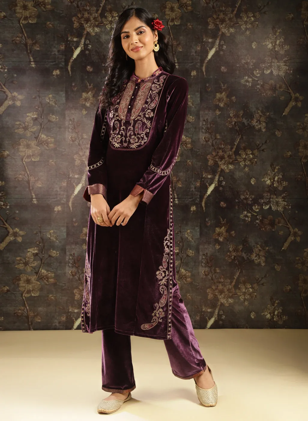Purple Embroidered Velvet Kurta Set with Button Detailing