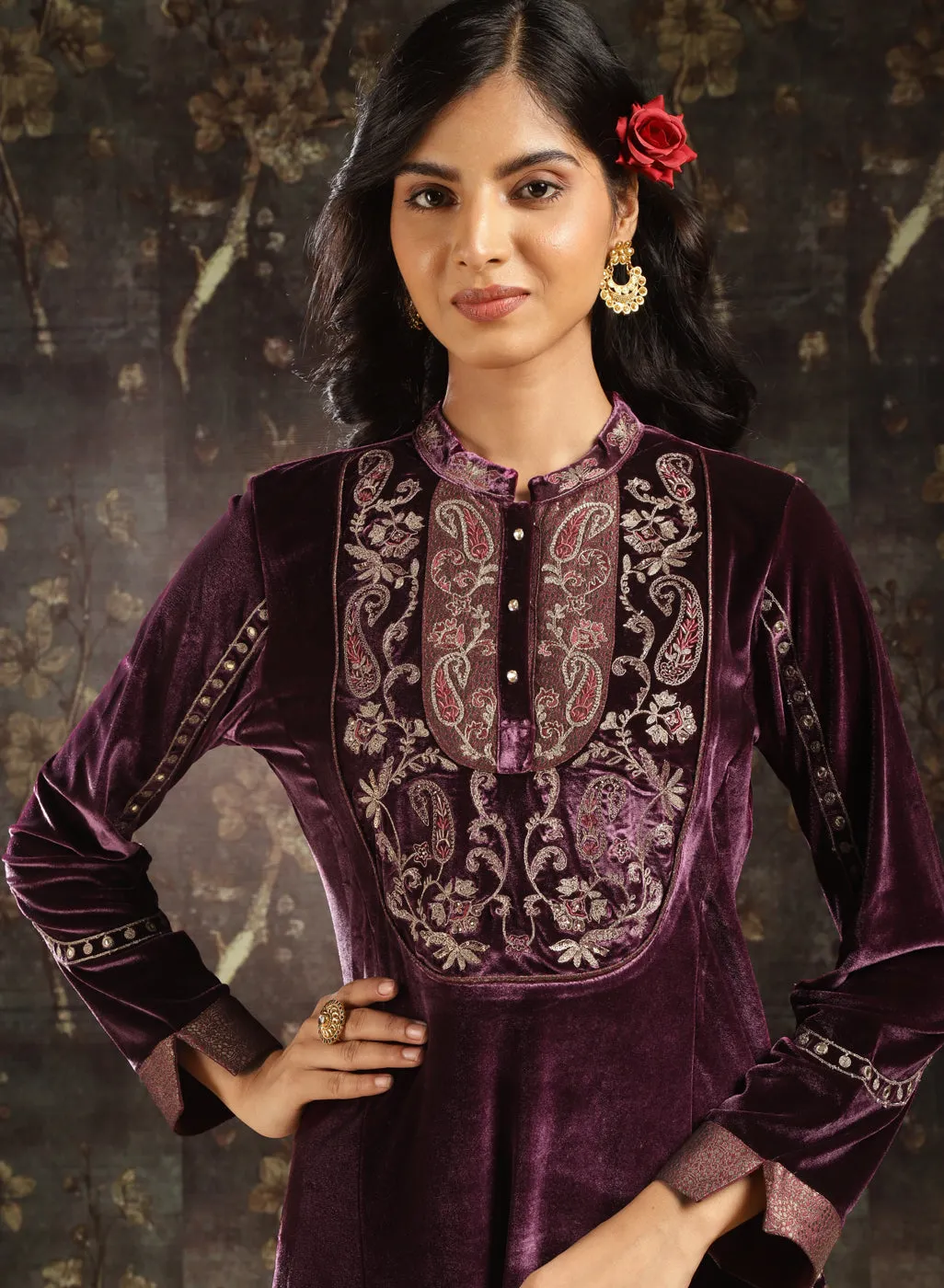 Purple Embroidered Velvet Kurta Set with Button Detailing