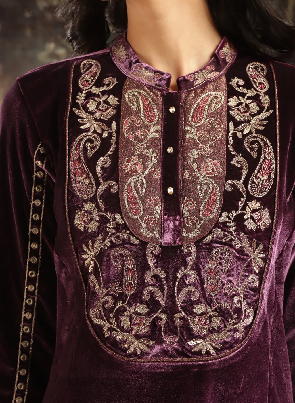 Purple Embroidered Velvet Kurta Set with Button Detailing