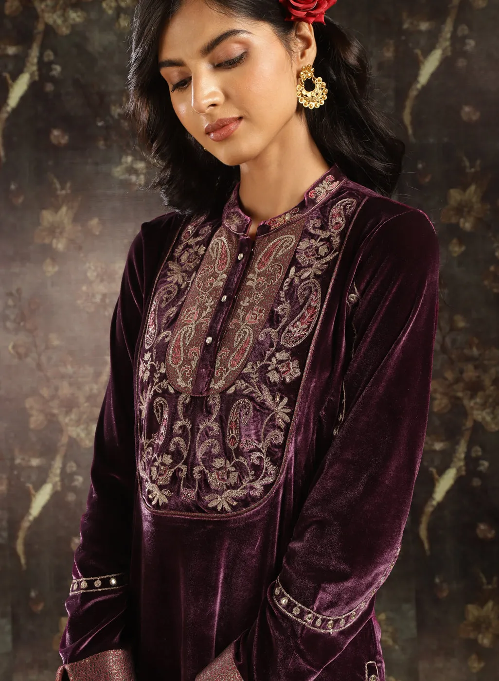 Purple Embroidered Velvet Kurta Set with Button Detailing