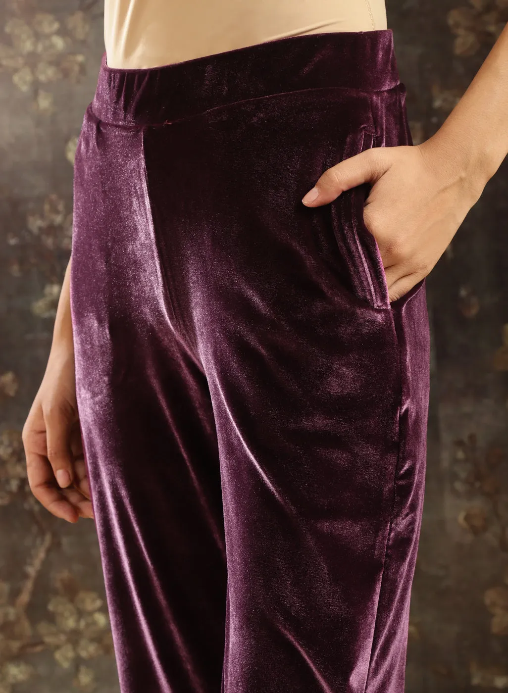 Purple Embroidered Velvet Kurta Set with Button Detailing