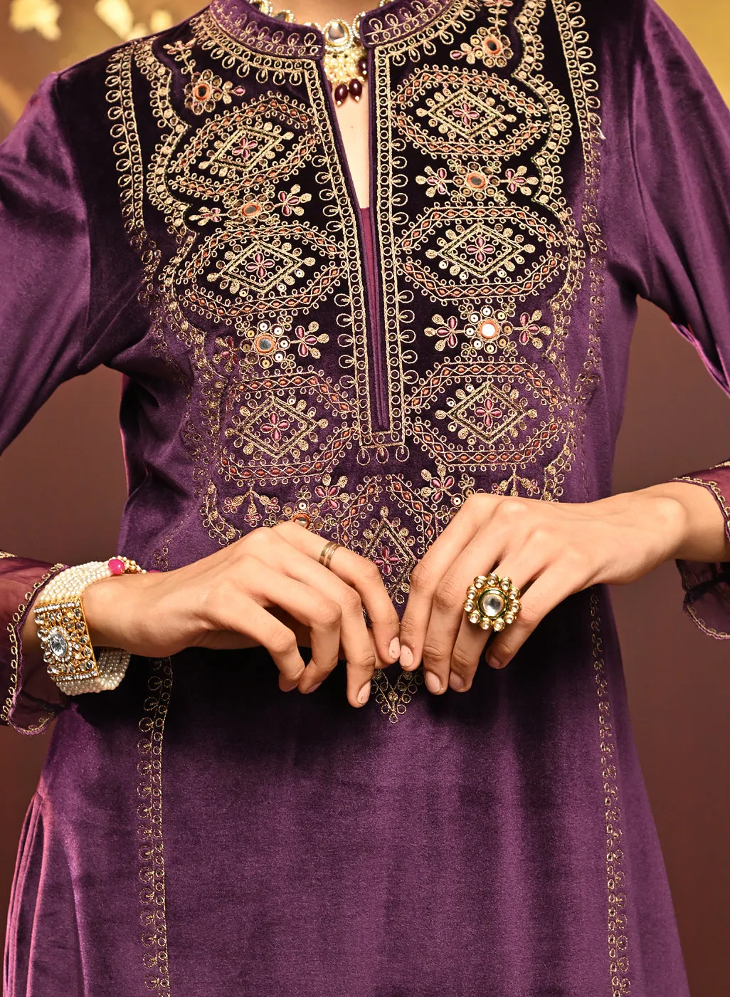 Rukhsana Purple Embroidered Velvet Kurta Set for Women