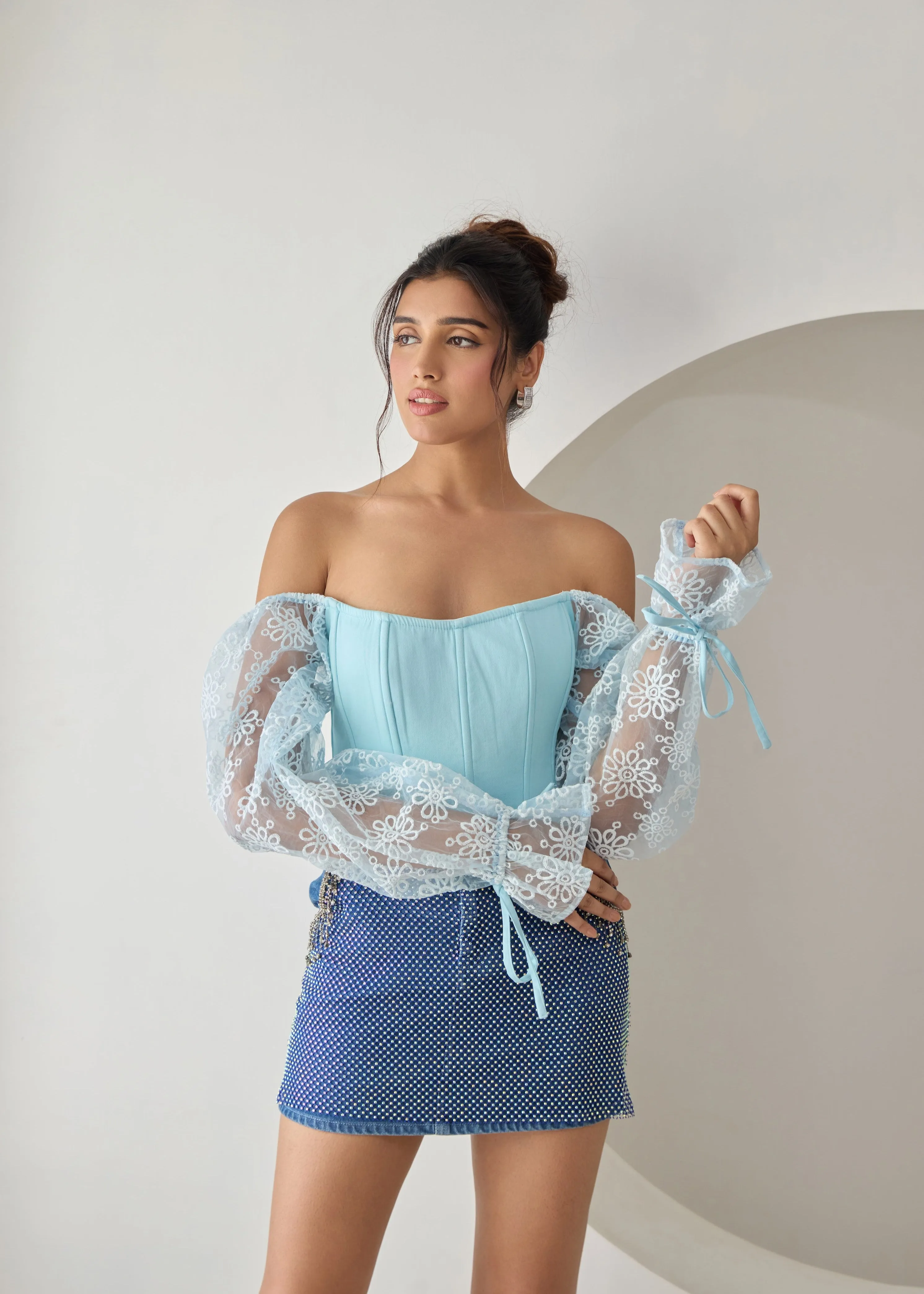 Sasha Baby Blue Embroidered Organza Sleeve Corset Top CL