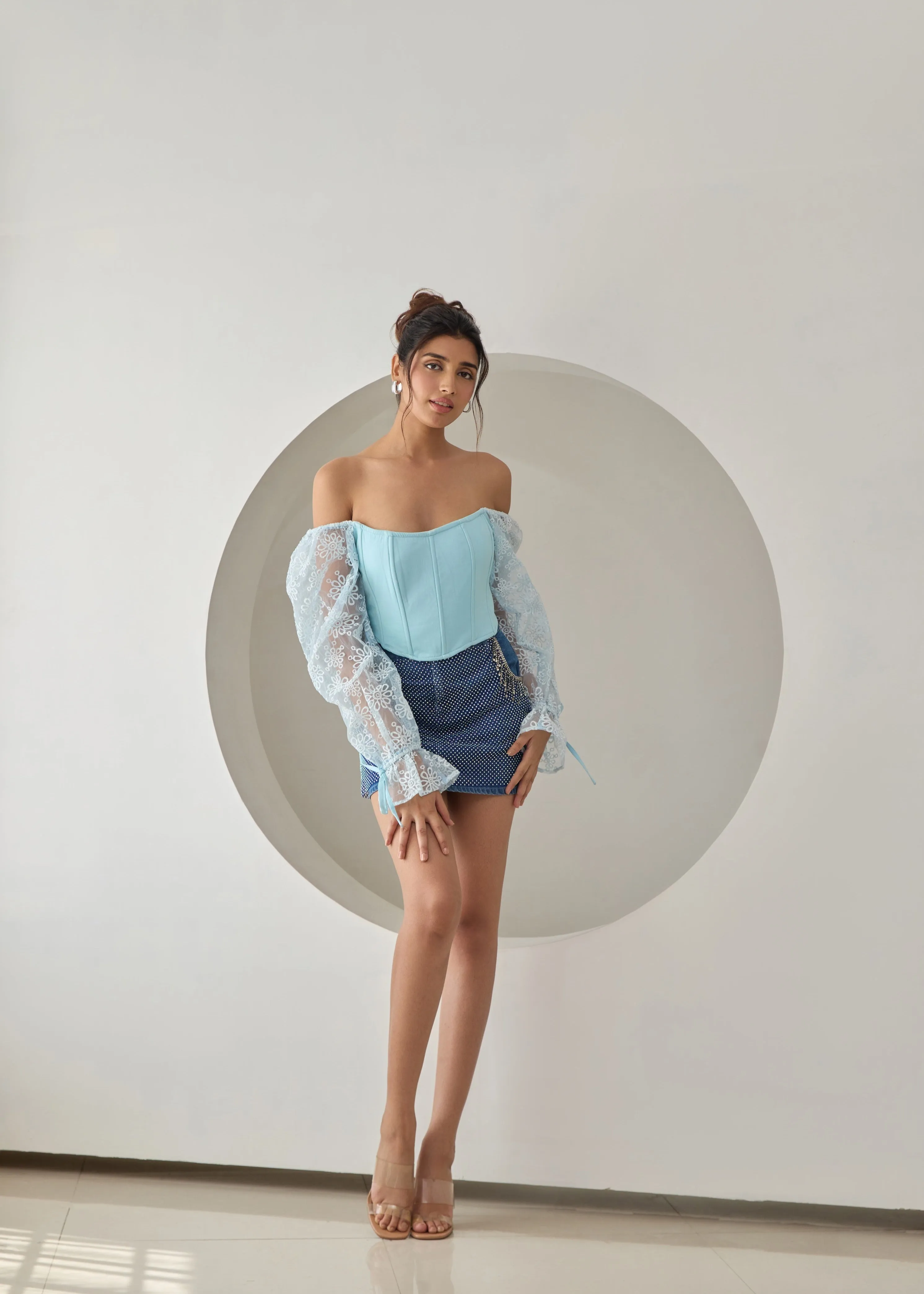 Sasha Baby Blue Embroidered Organza Sleeve Corset Top CL