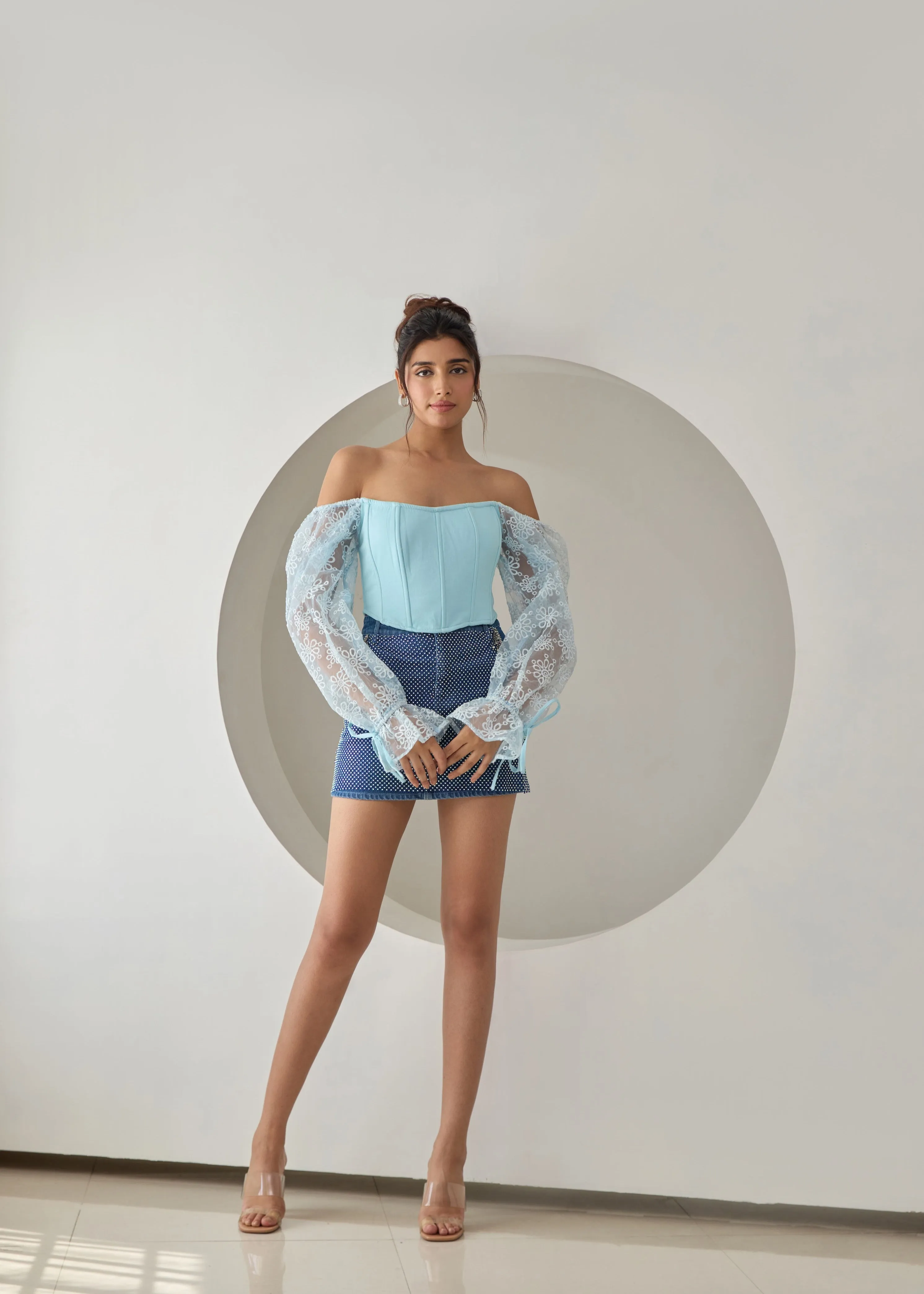 Sasha Baby Blue Embroidered Organza Sleeve Corset Top CL