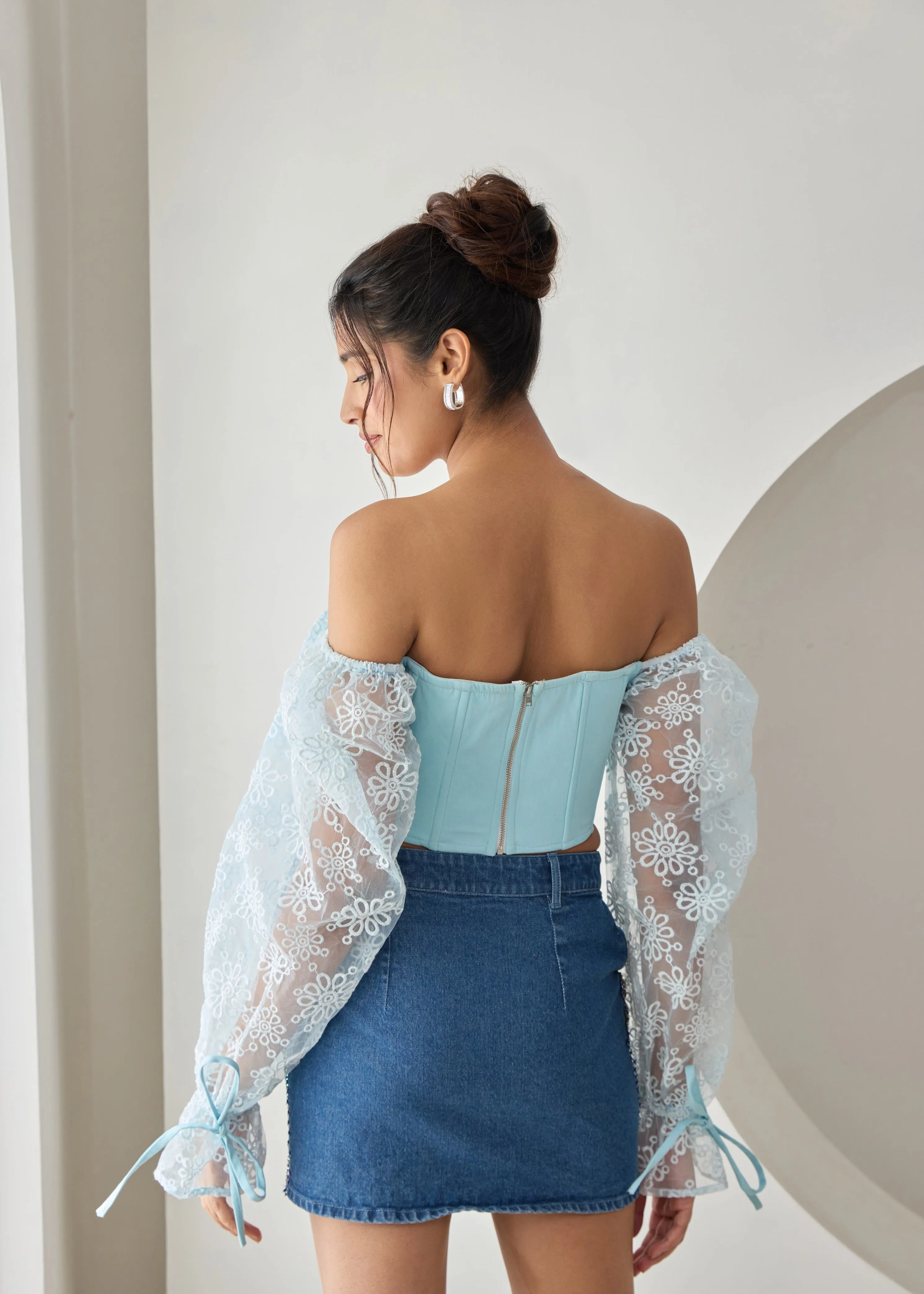 Sasha Baby Blue Embroidered Organza Sleeve Corset Top CL
