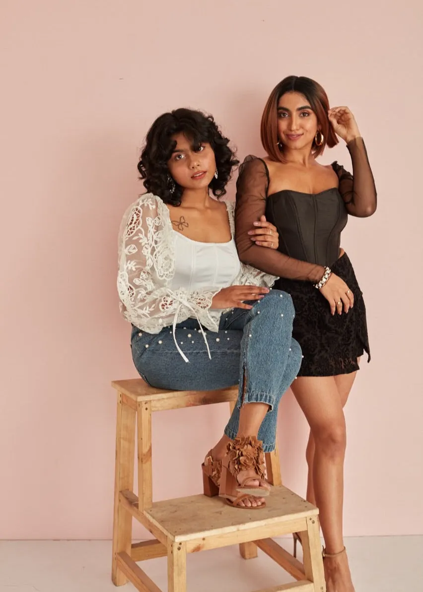 Sasha Embroidered Organza Sleeve Corset Top CL
