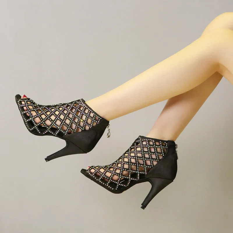 Satin Hot Rhinestone Latin Dance Shoes With High Heels