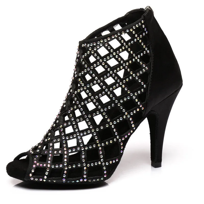 Satin Hot Rhinestone Latin Dance Shoes With High Heels