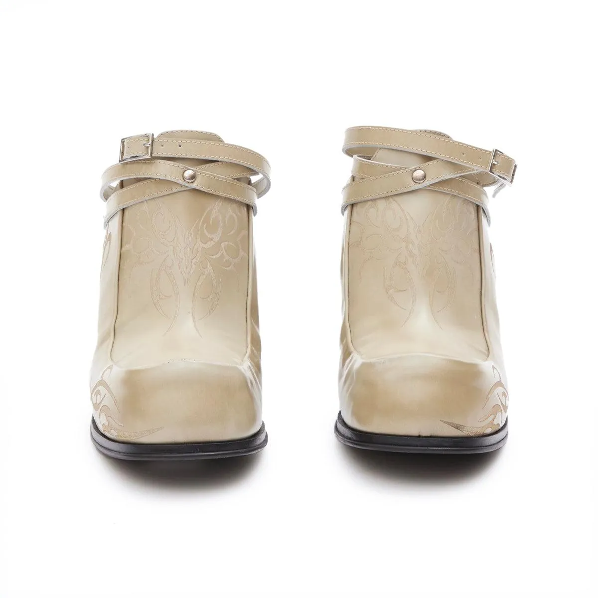   Simona Vanth Tango Stacked Etched Heels 'Brushed Taupe'