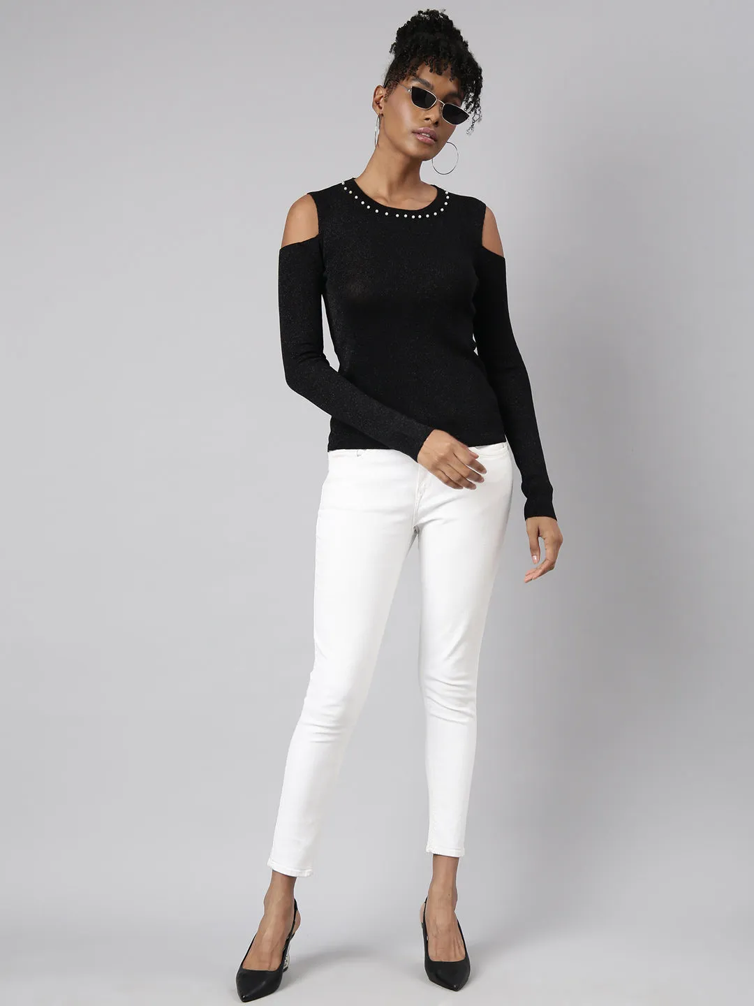 Women Black Cold-Shoulder Studded Top