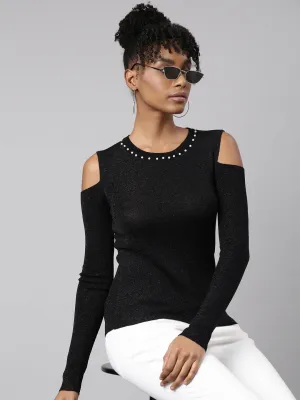 Women Black Cold-Shoulder Studded Top