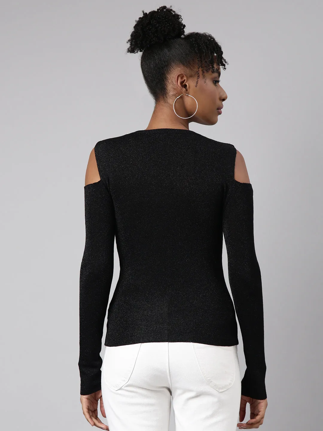 Women Black Cold-Shoulder Studded Top