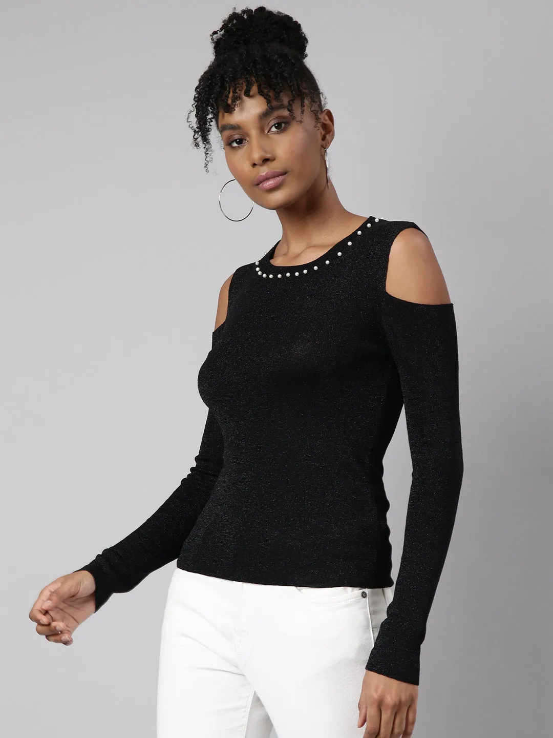 Women Black Cold-Shoulder Studded Top