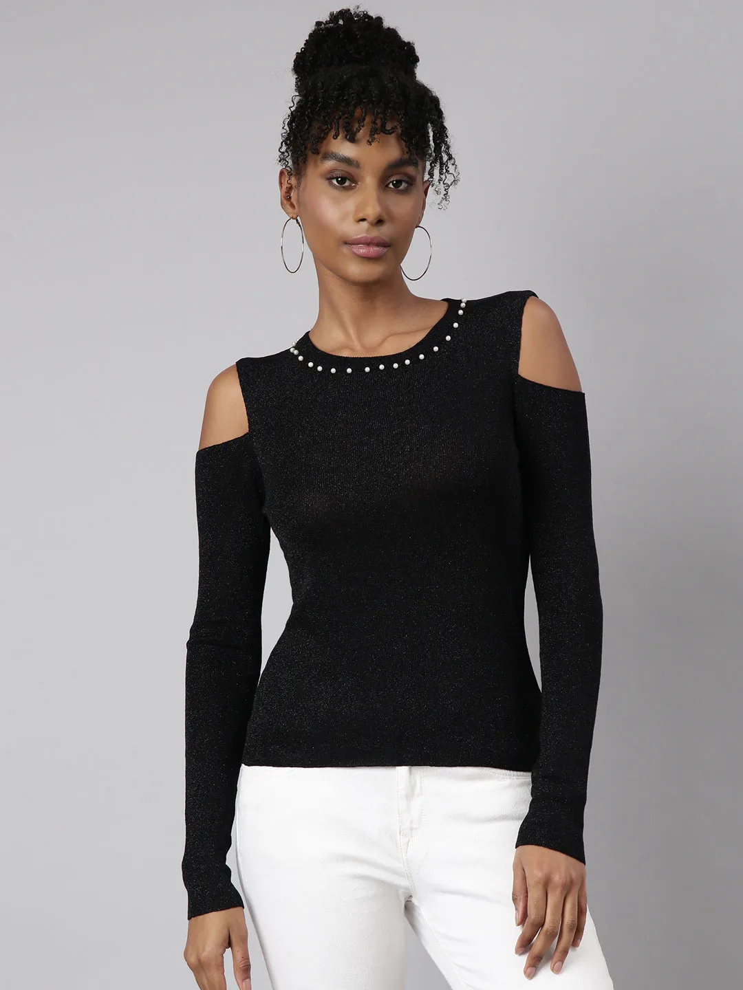 Women Black Cold-Shoulder Studded Top