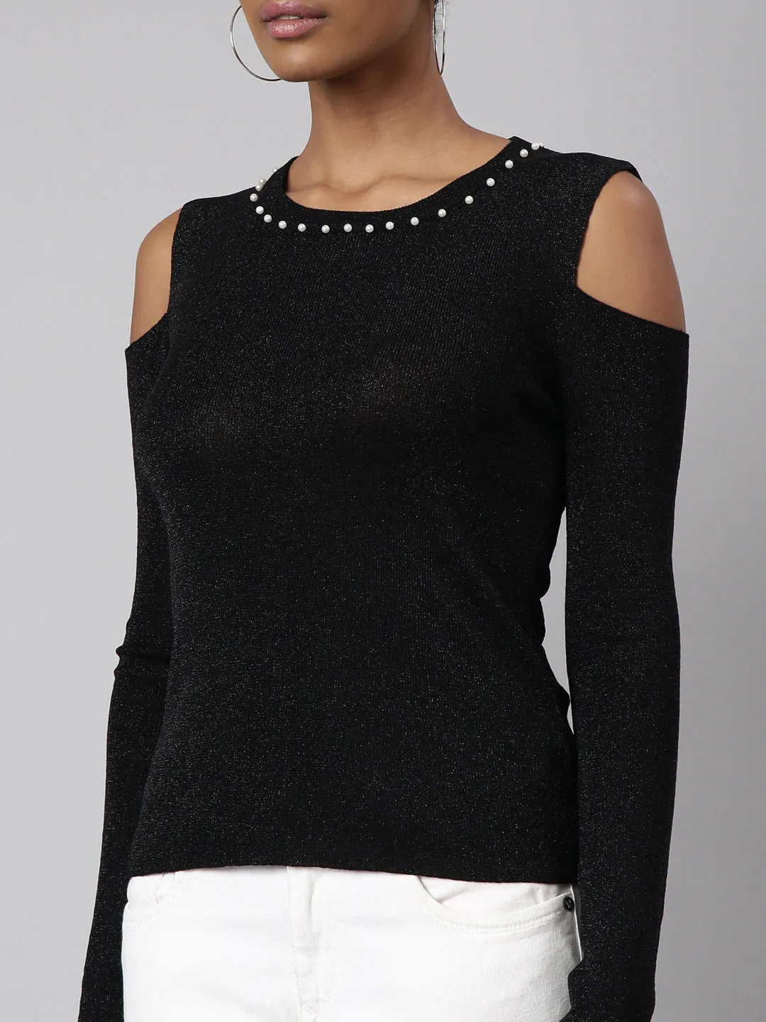 Women Black Cold-Shoulder Studded Top