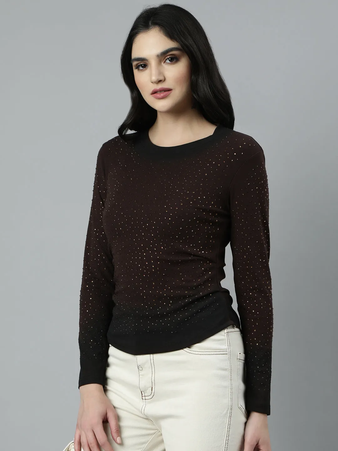 Women Brown Embellished Studded Fitted Top