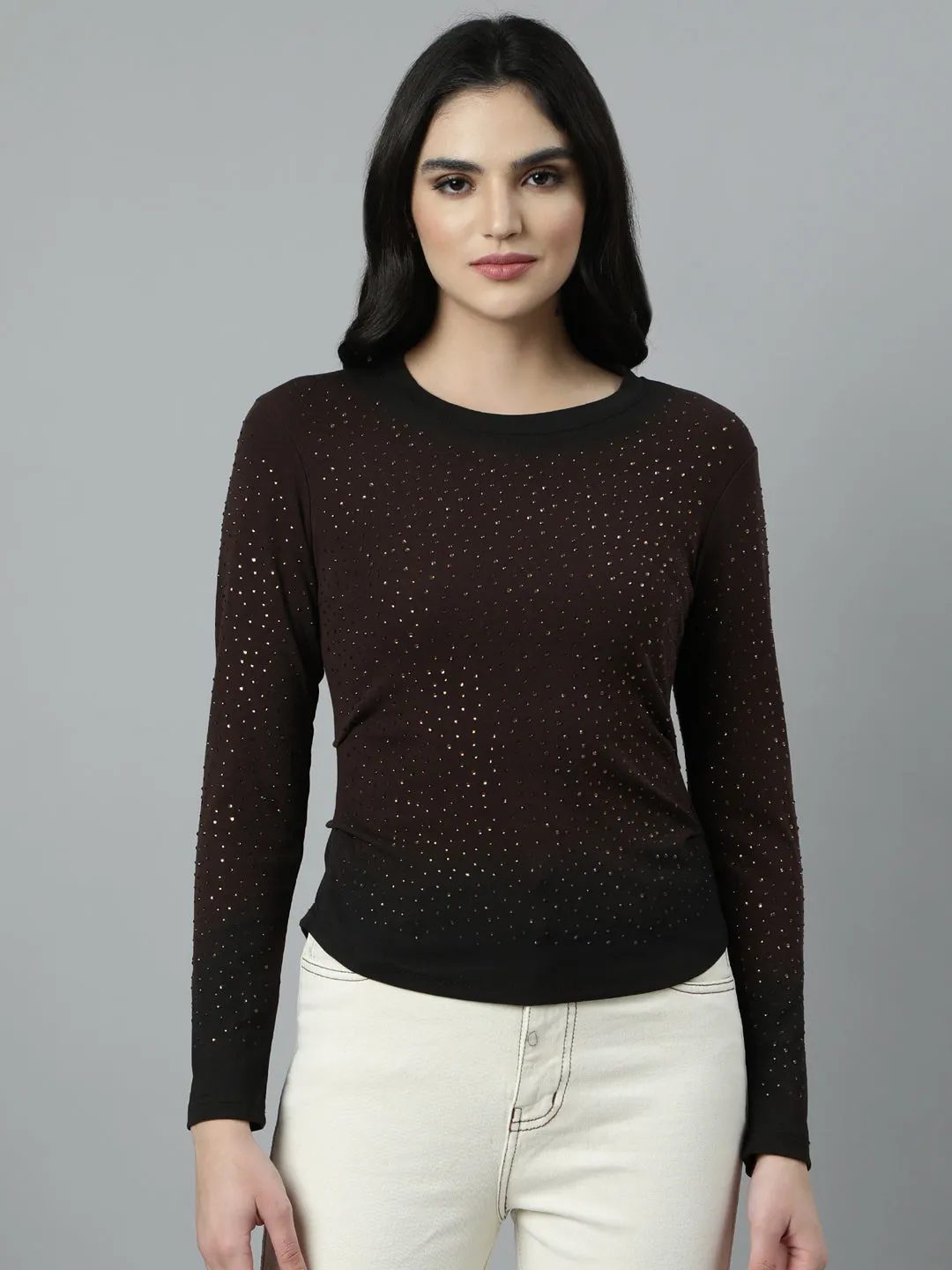 Women Brown Embellished Studded Fitted Top