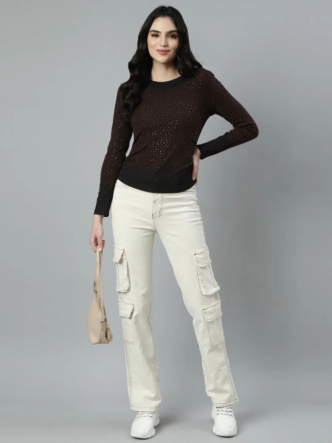 Women Brown Embellished Studded Fitted Top
