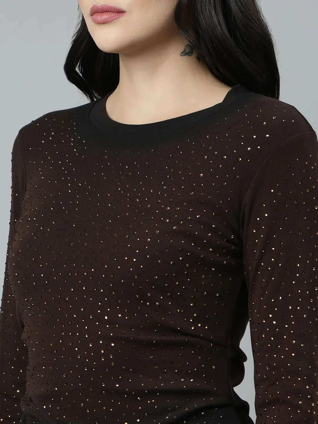 Women Brown Embellished Studded Fitted Top