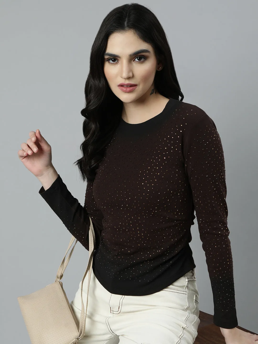 Women Brown Embellished Studded Fitted Top