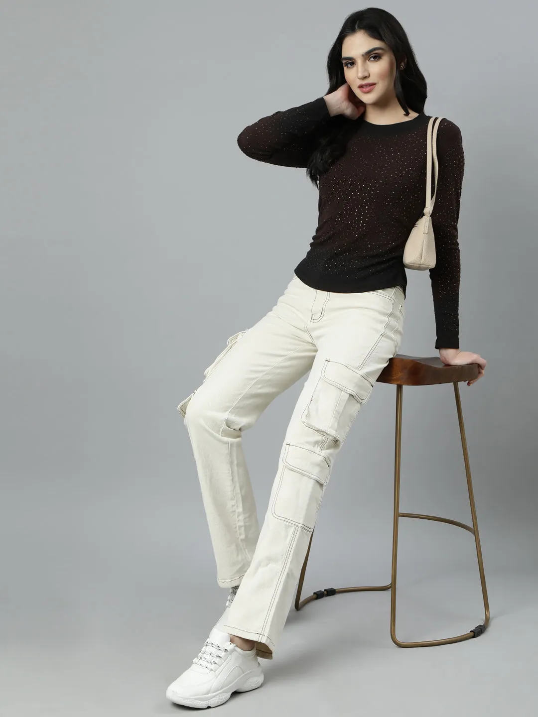 Women Brown Embellished Studded Fitted Top