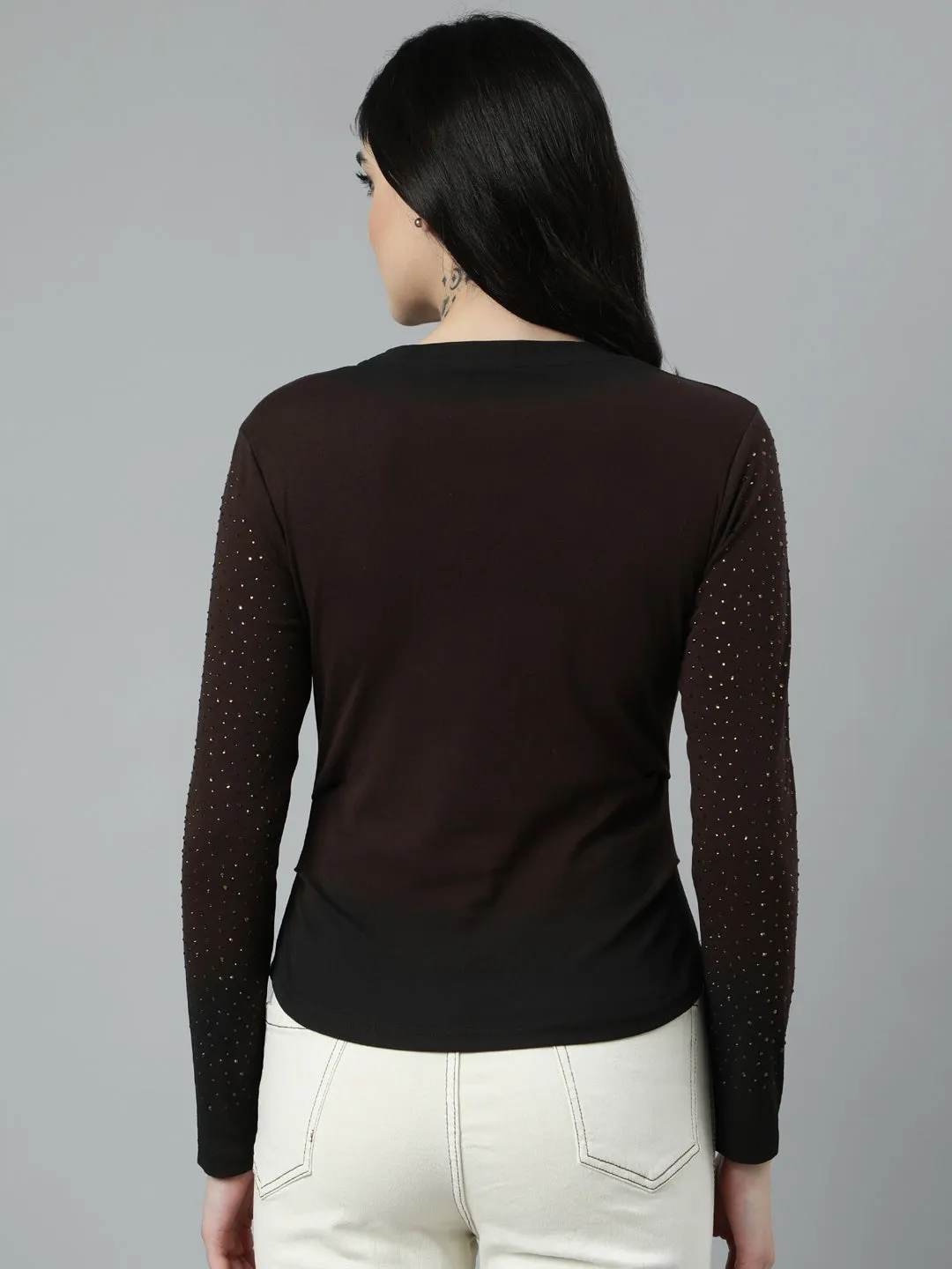 Women Brown Embellished Studded Fitted Top