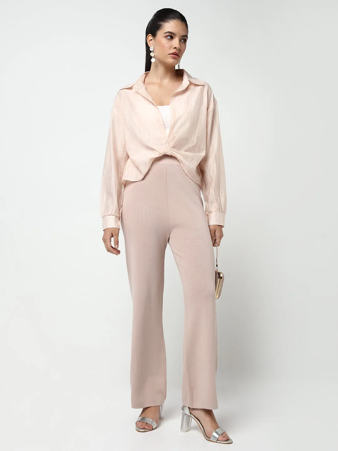 Women Peach Shirt Collar Studded Shirt Style Crop Top