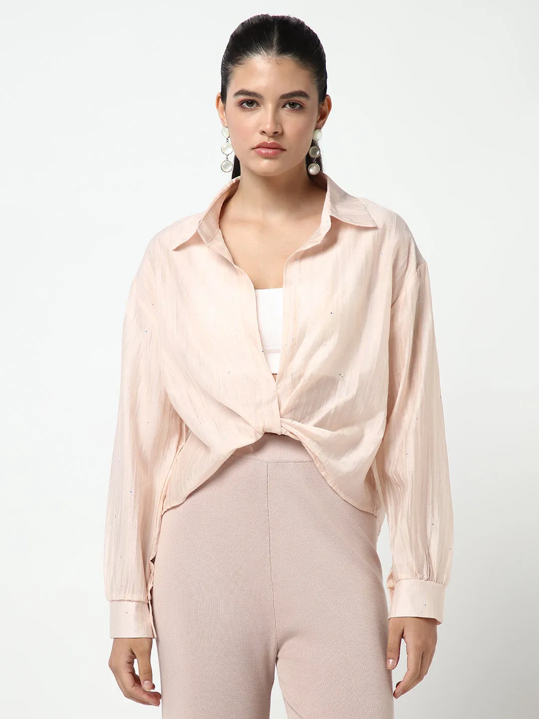 Women Peach Shirt Collar Studded Shirt Style Crop Top