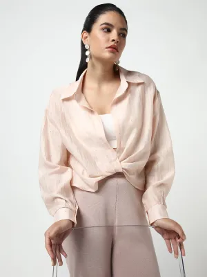 Women Peach Shirt Collar Studded Shirt Style Crop Top