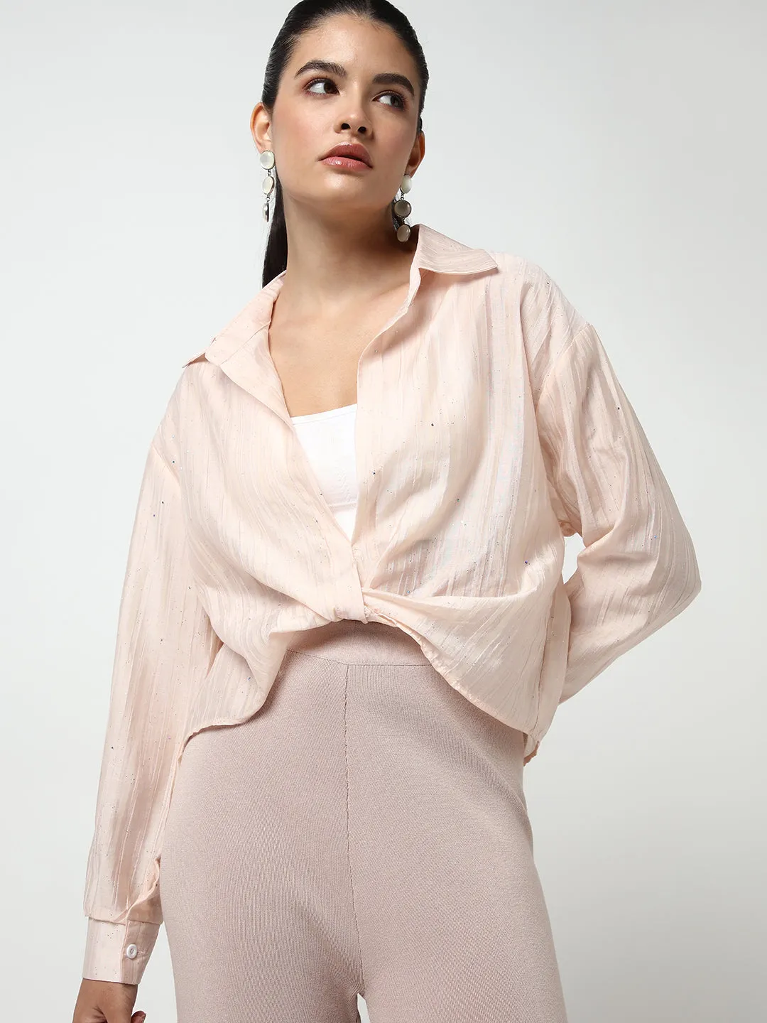 Women Peach Shirt Collar Studded Shirt Style Crop Top