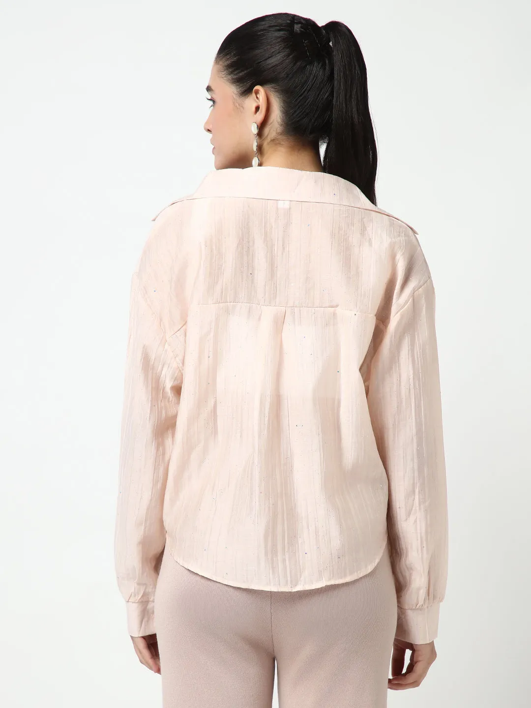 Women Peach Shirt Collar Studded Shirt Style Crop Top