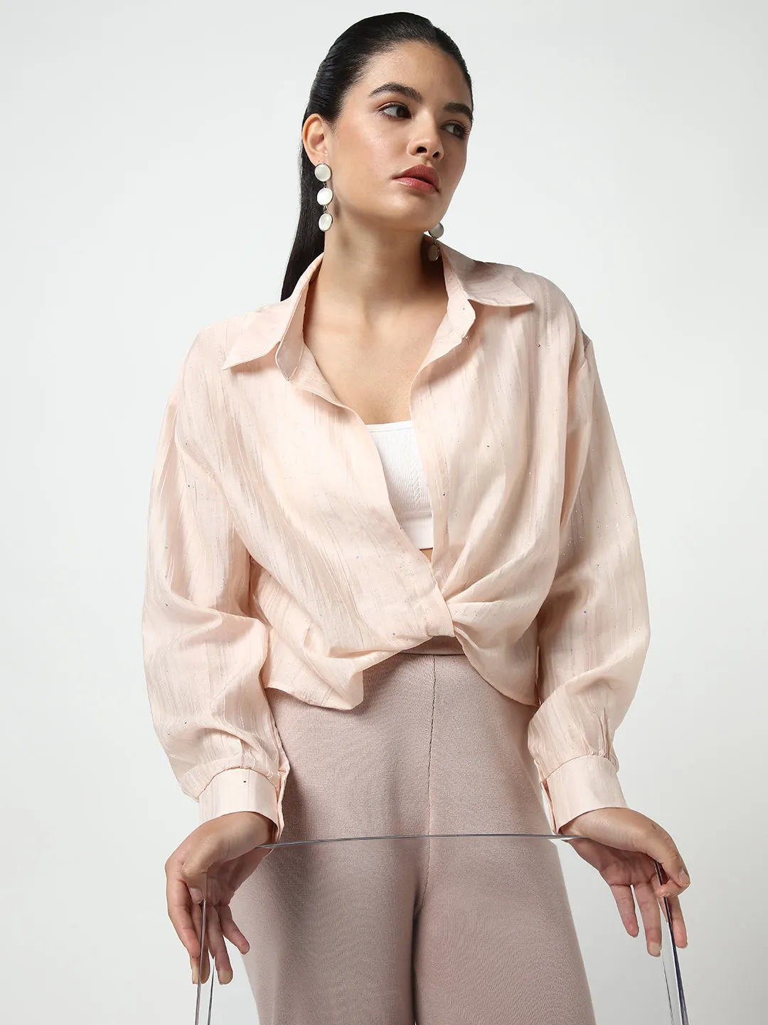 Women Peach Shirt Collar Studded Shirt Style Crop Top