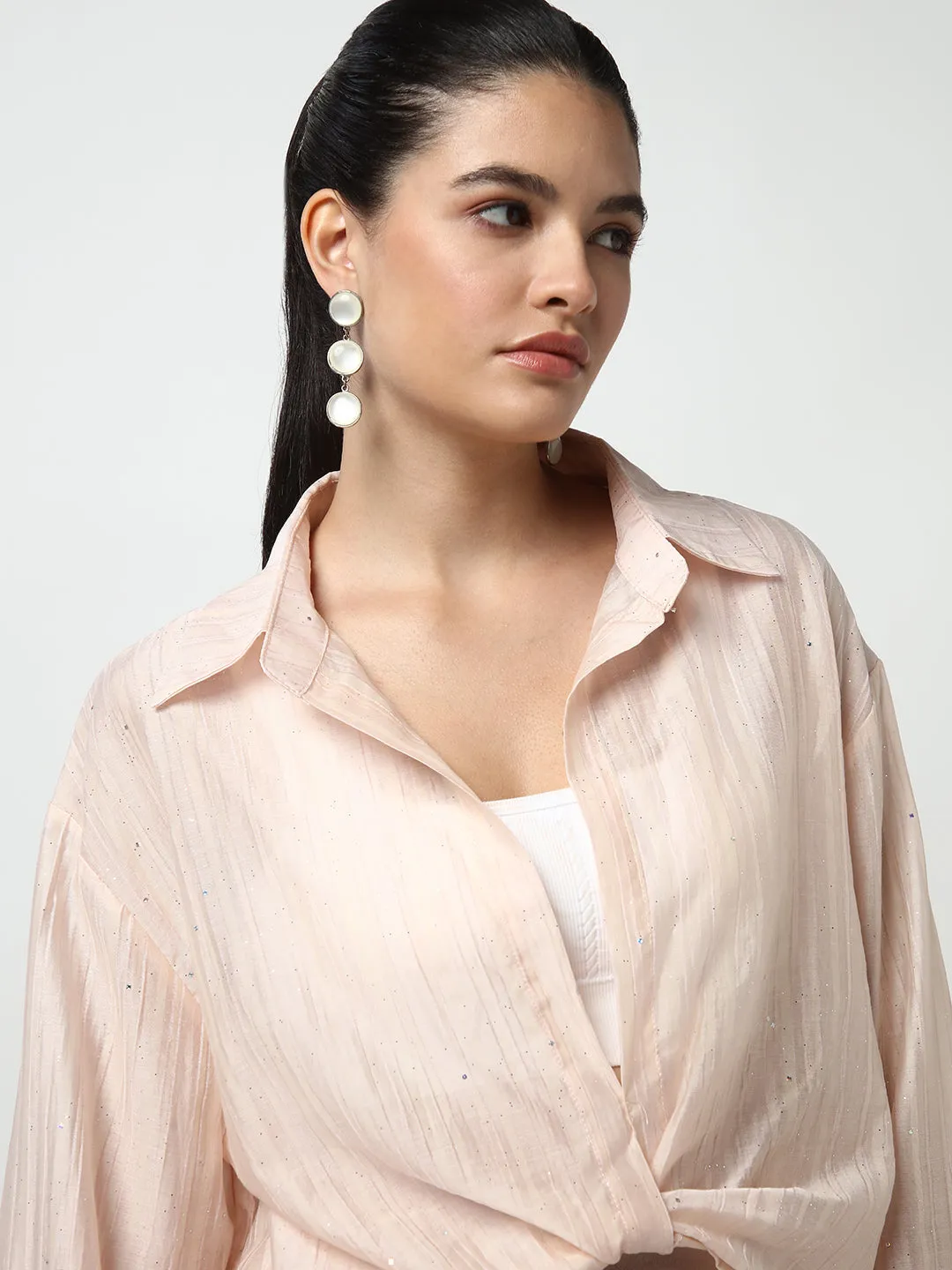Women Peach Shirt Collar Studded Shirt Style Crop Top