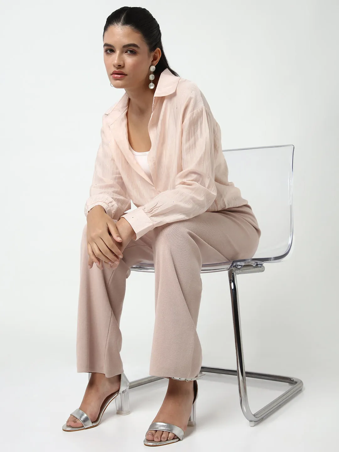 Women Peach Shirt Collar Studded Shirt Style Crop Top