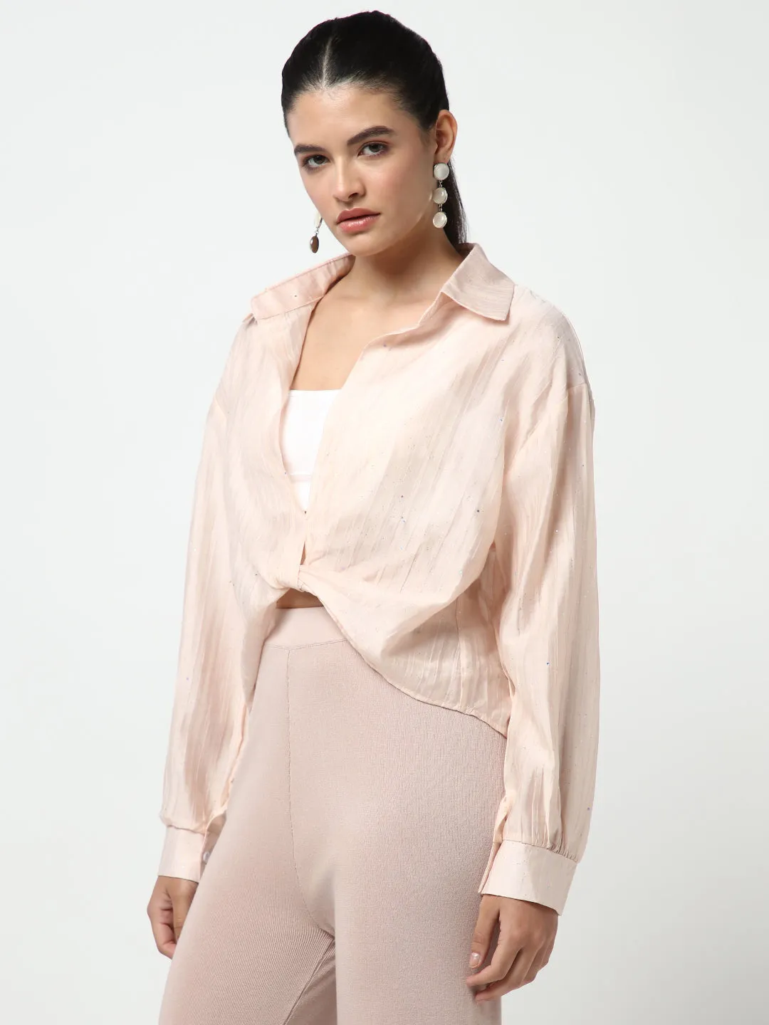 Women Peach Shirt Collar Studded Shirt Style Crop Top